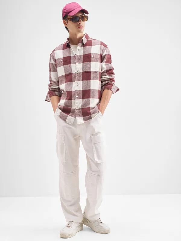 Highlander Men Burgundy Checked Oversized Fit Casual Shirt