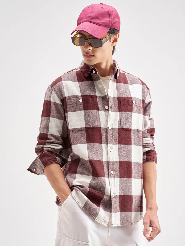 Highlander Men Burgundy Checked Oversized Fit Casual Shirt