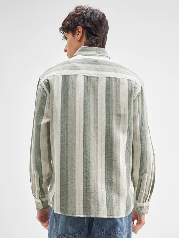 Highlander Men Green Striped Relaxed Fit Casual Shirt