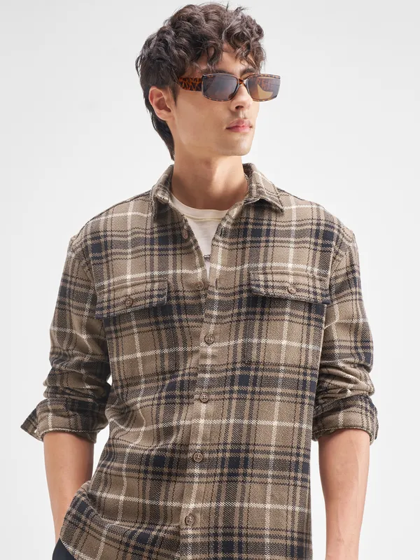 Highlander Men Tan Checked Relaxed Fit Casual Shirt