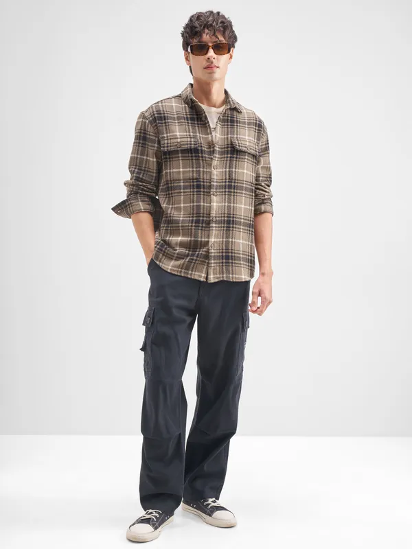 Highlander Men Tan Checked Relaxed Fit Casual Shirt