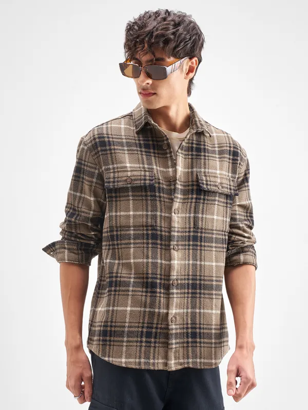 Highlander Men Tan Checked Relaxed Fit Casual Shirt
