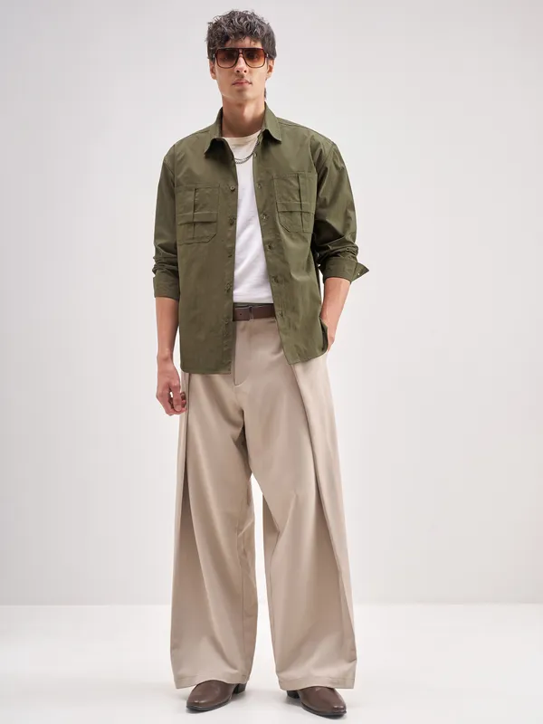 Highlander Men Olive Self Design Relaxed Fit Casual Shirt