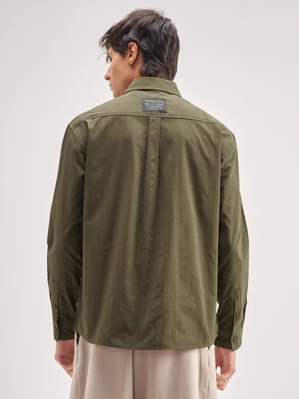 Highlander Men Olive Self Design Relaxed Fit Casual Shirt