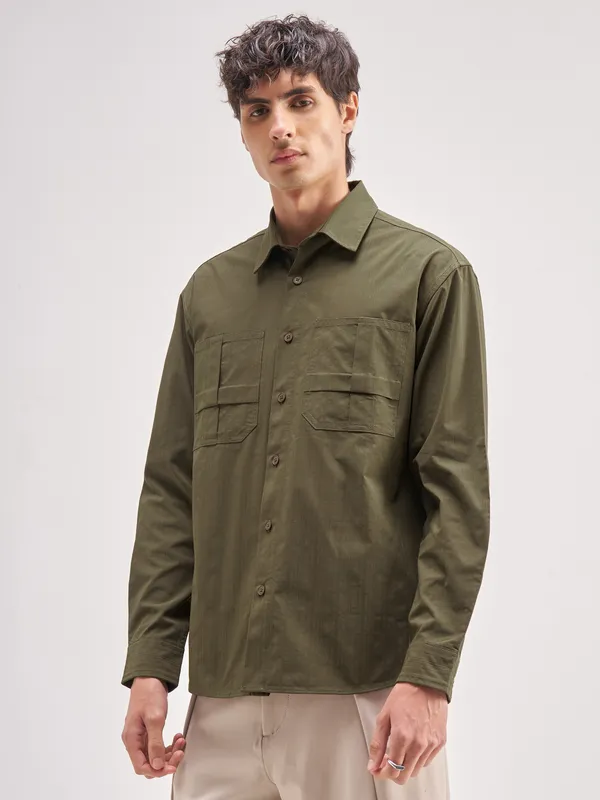 Highlander Men Olive Self Design Relaxed Fit Casual Shirt