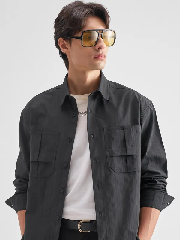 Highlander Men Charcoal Self Design Oversized Fit Casual Shirt