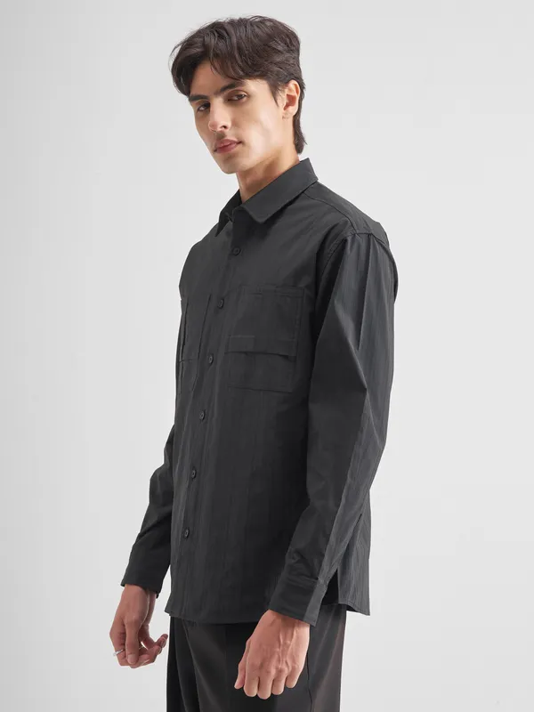Highlander Men Charcoal Self Design Oversized Fit Casual Shirt