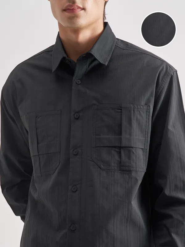 Highlander Men Charcoal Self Design Oversized Fit Casual Shirt