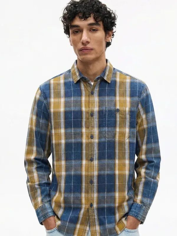 Highlander Men Mustard Checked Relaxed Fit Casual Shirt