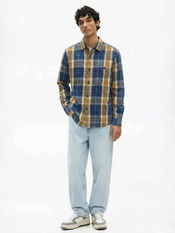 Highlander Men Mustard Checked Relaxed Fit Casual Shirt