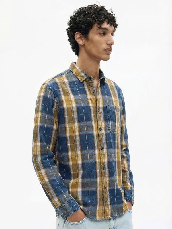 Highlander Men Mustard Checked Relaxed Fit Casual Shirt