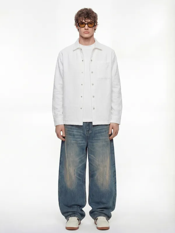 Highlander Men White Self Design Relaxed Fit Casual Shirt