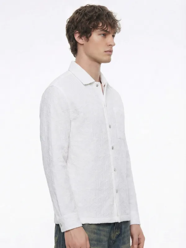 Highlander Men White Self Design Relaxed Fit Casual Shirt