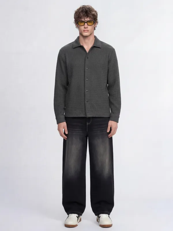 Highlander Men Grey Self Design Relaxed Fit Casual Shirt