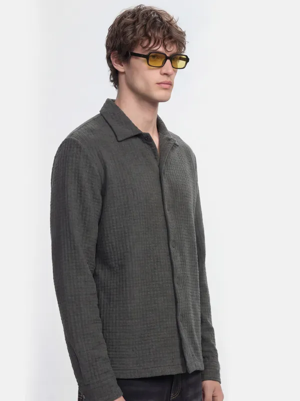 Highlander Men Grey Self Design Relaxed Fit Casual Shirt