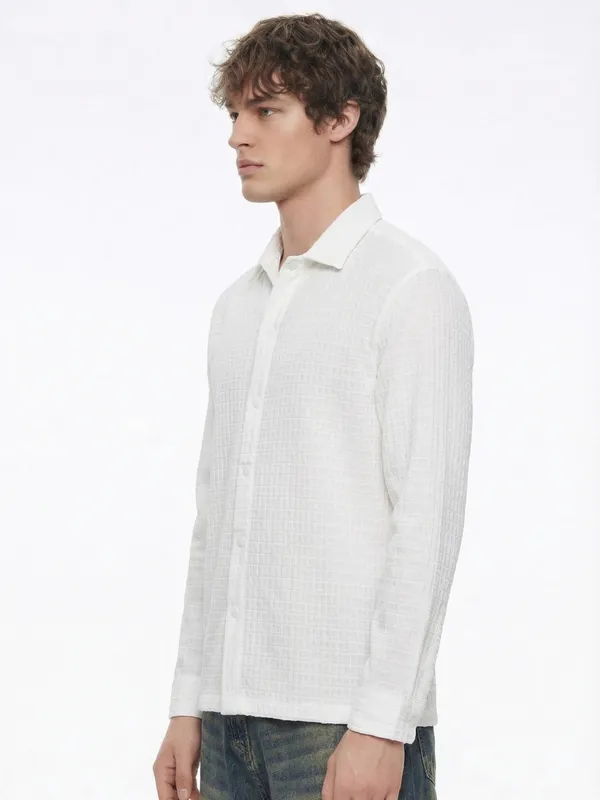 Highlander Men White Self Design Relaxed Fit Casual Shirt