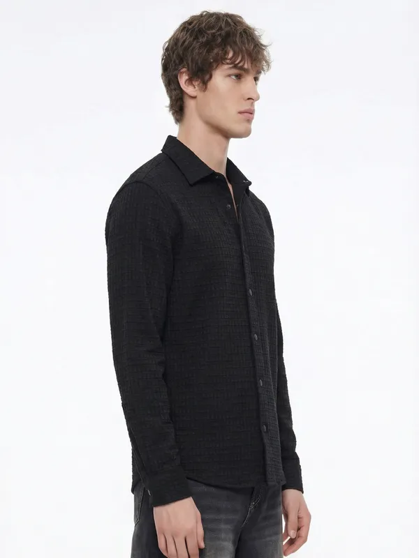 Highlander Men Black Self Design Relaxed Fit Casual Shirt