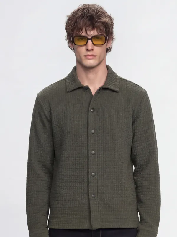 Highlander Men Olive Self Design Relaxed Fit Casual Shirt