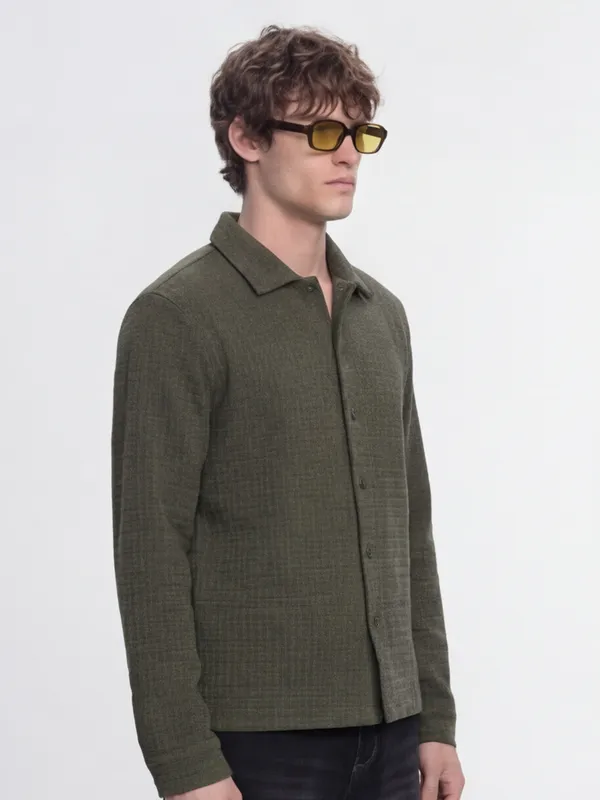 Highlander Men Olive Self Design Relaxed Fit Casual Shirt