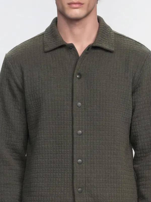 Highlander Men Olive Self Design Relaxed Fit Casual Shirt