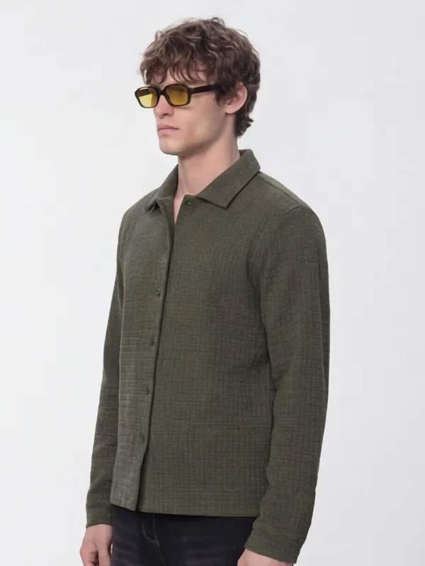 Highlander Men Olive Self Design Relaxed Fit Casual Shirt
