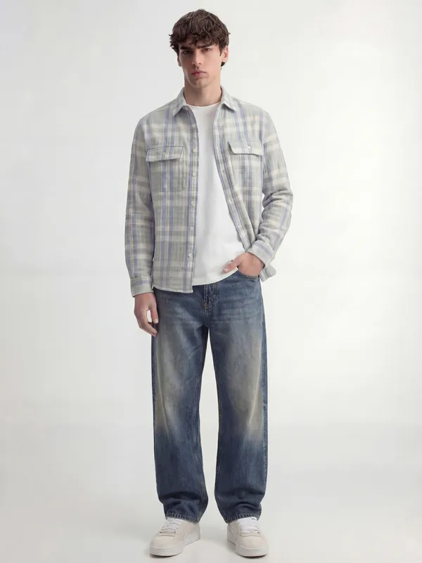 Highlander Men Grey Checked Oversized Fit Casual Shirt
