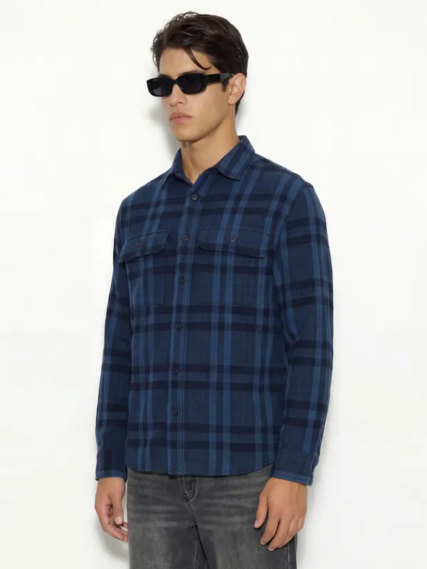 Highlander Men Navy Blue Checked Oversized Fit Casual Shirt