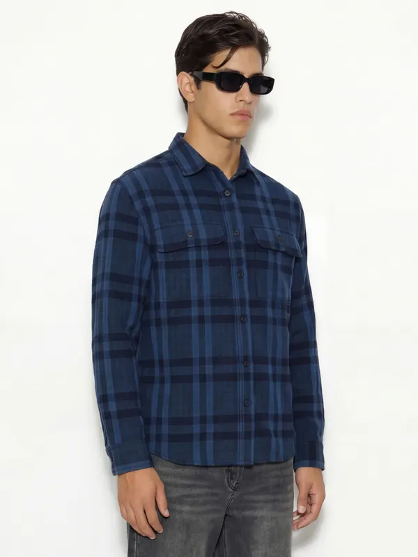 Highlander Men Navy Blue Checked Oversized Fit Casual Shirt