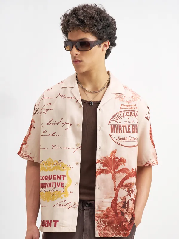 Highlander Men Peach Printed Oversized Fit Casual Shirt