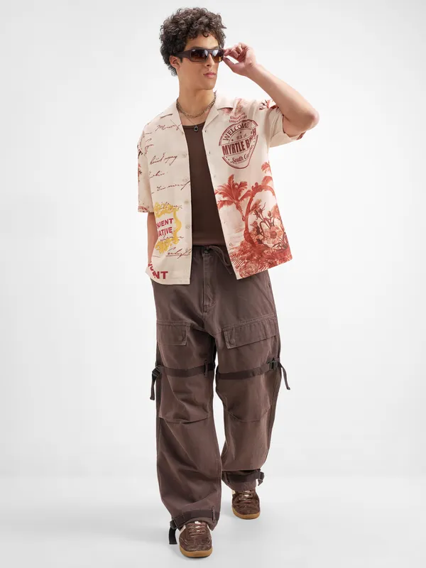 Highlander Men Peach Printed Oversized Fit Casual Shirt