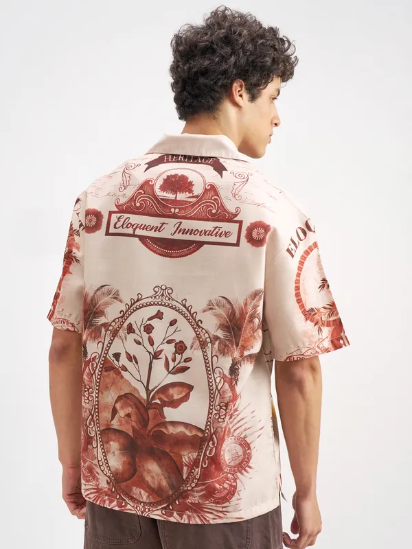 Highlander Men Peach Printed Oversized Fit Casual Shirt