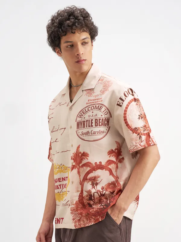 Highlander Men Peach Printed Oversized Fit Casual Shirt