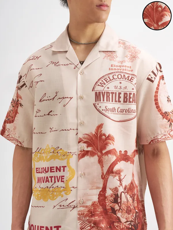 Highlander Men Peach Printed Oversized Fit Casual Shirt