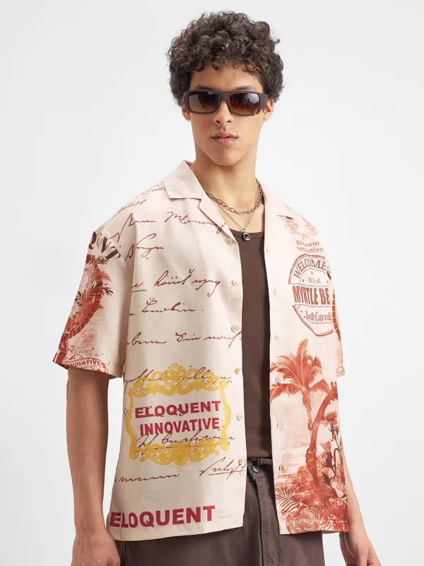 Highlander Men Peach Printed Oversized Fit Casual Shirt