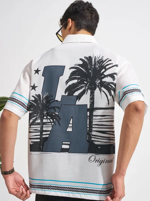 Highlander Men White Printed Oversized Fit Casual Shirt