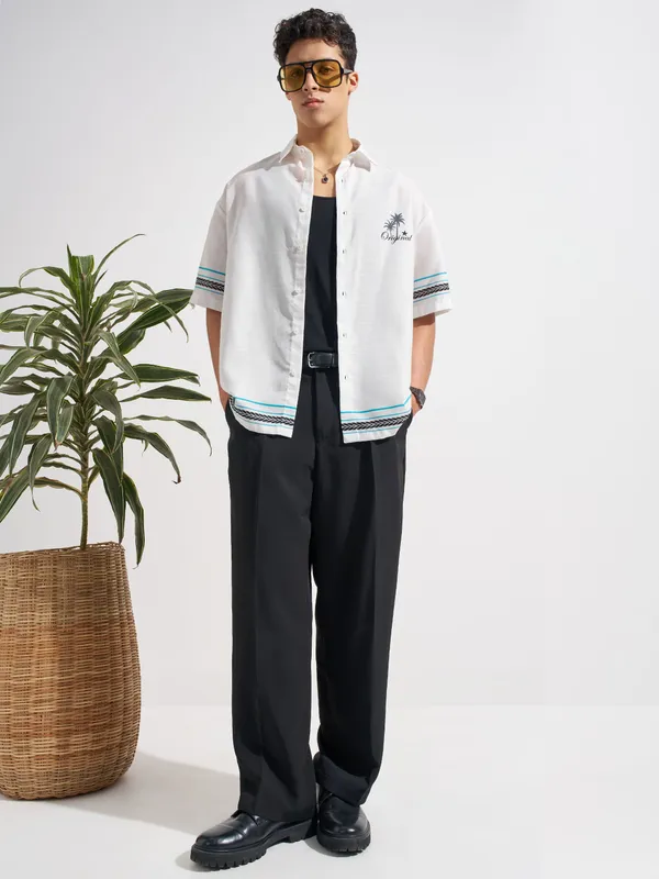 Highlander Men White Printed Oversized Fit Casual Shirt