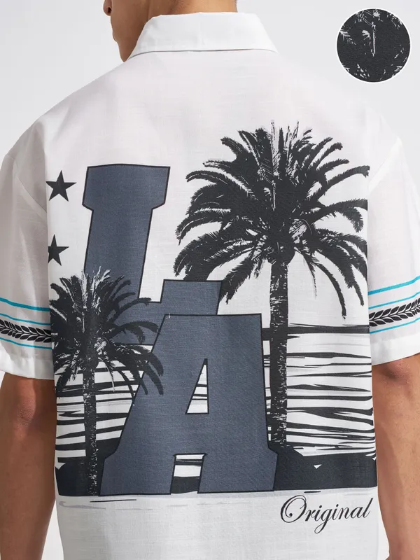 Highlander Men White Printed Oversized Fit Casual Shirt