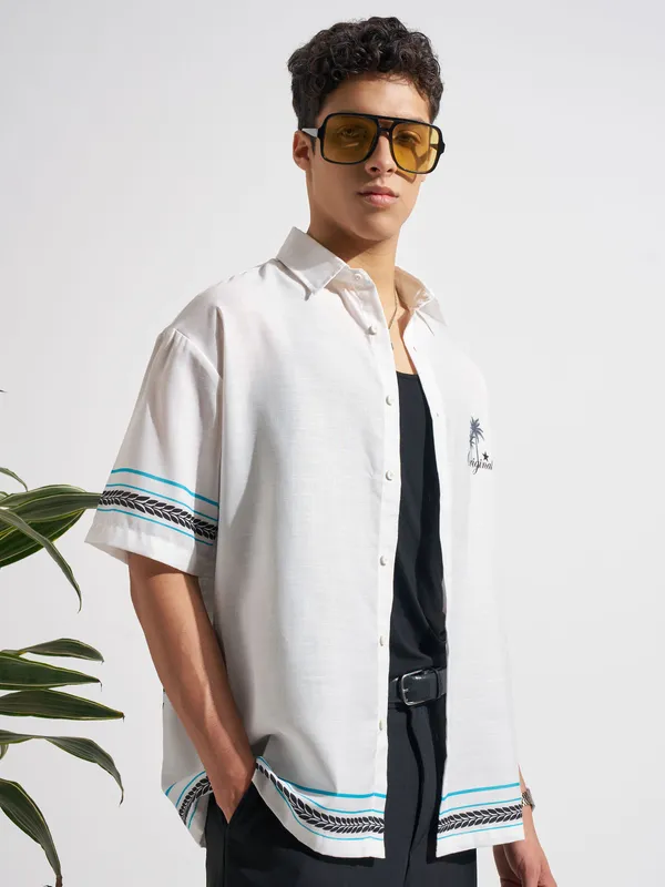 Highlander Men White Printed Oversized Fit Casual Shirt