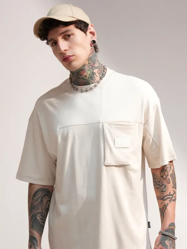 Highlander Men Beige Solid Round Neck Oversized Fit T-Shirt