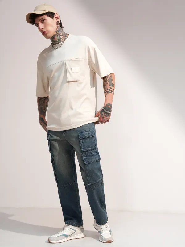 Highlander Men Beige Solid Round Neck Oversized Fit T-Shirt