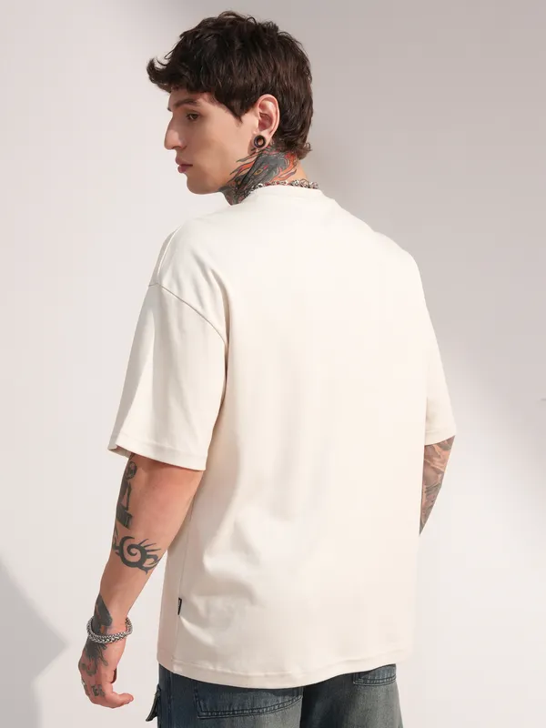 Highlander Men Beige Solid Round Neck Oversized Fit T-Shirt