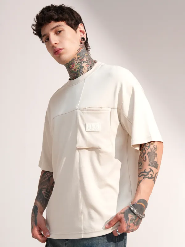 Highlander Men Beige Solid Round Neck Oversized Fit T-Shirt