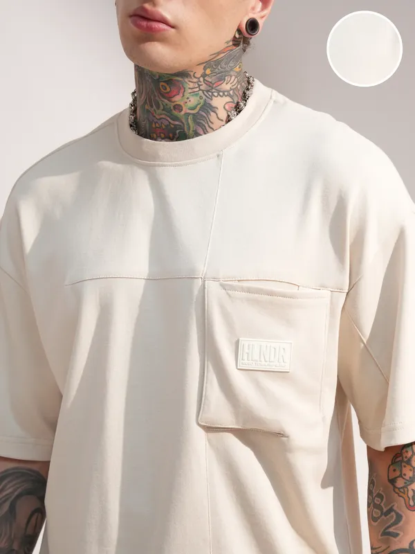 Highlander Men Beige Solid Round Neck Oversized Fit T-Shirt