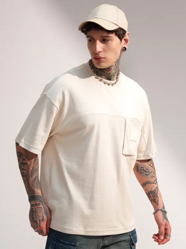 Highlander Men Beige Solid Round Neck Oversized Fit T-Shirt