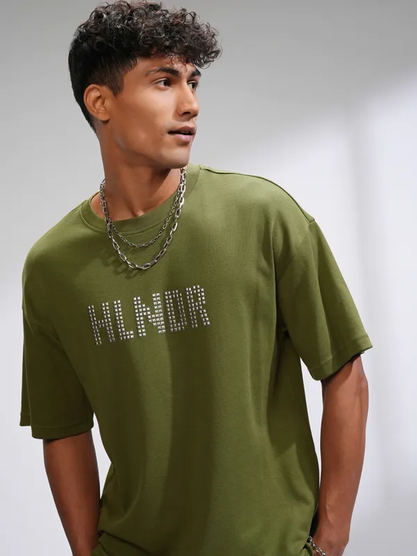Highlander Men Olive Printed Round Neck Oversized Fit T-Shirt