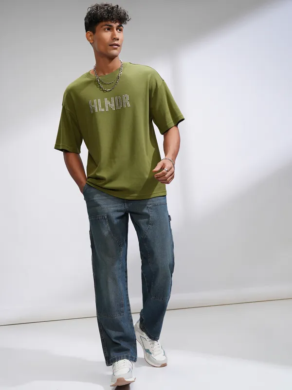 Highlander Men Olive Printed Round Neck Oversized Fit T-Shirt