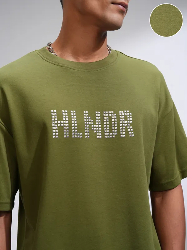 Highlander Men Olive Printed Round Neck Oversized Fit T-Shirt