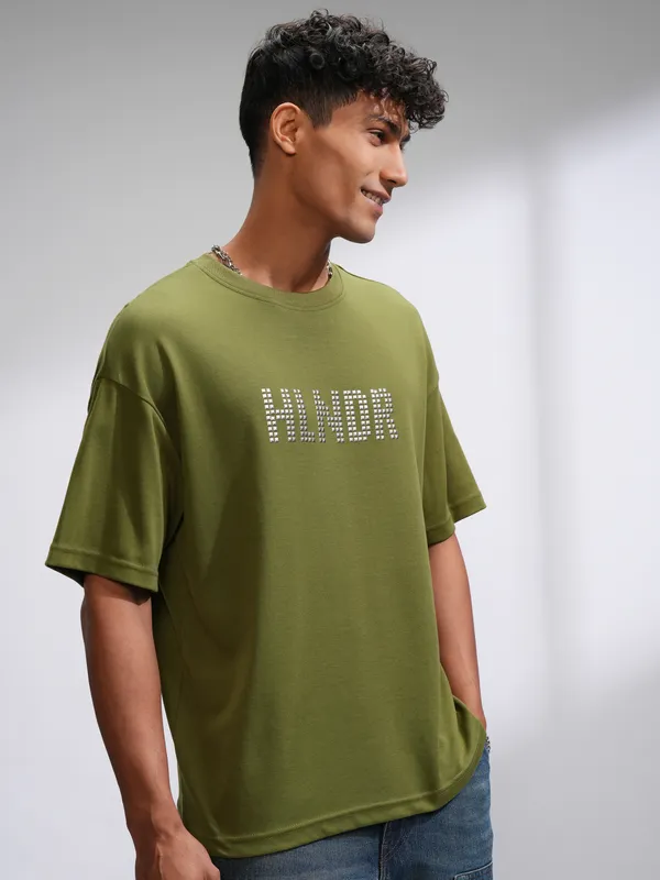 Highlander Men Olive Printed Round Neck Oversized Fit T-Shirt