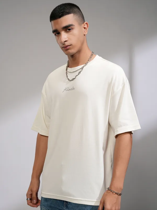 Highlander Men Off White Solid Round Neck Oversized Fit T-Shirt