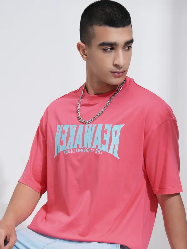 Highlander Men Pink Self Design Round Neck Oversized Fit T-Shirt